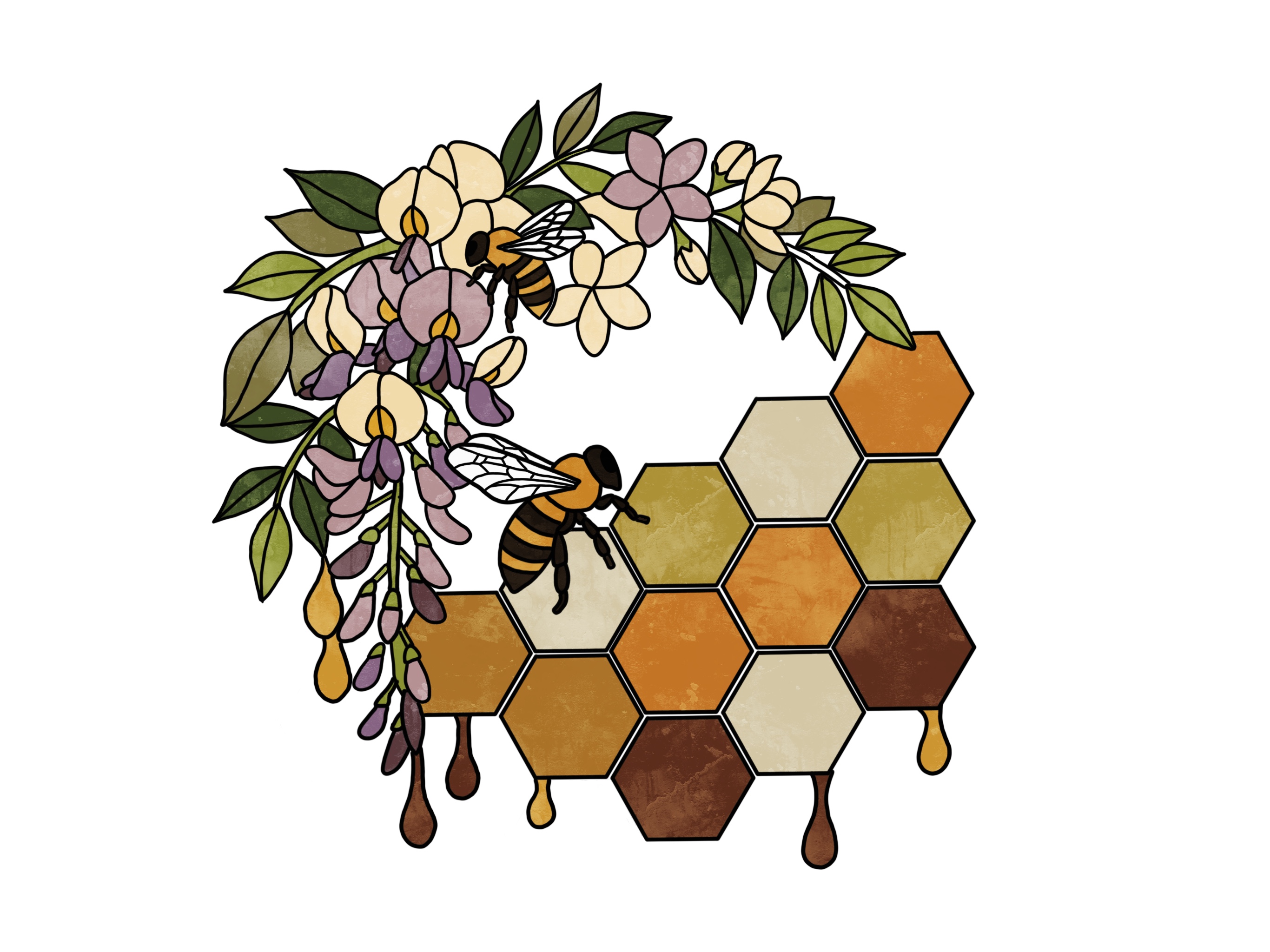 Bee stained glass with hexagons, honey and flowers