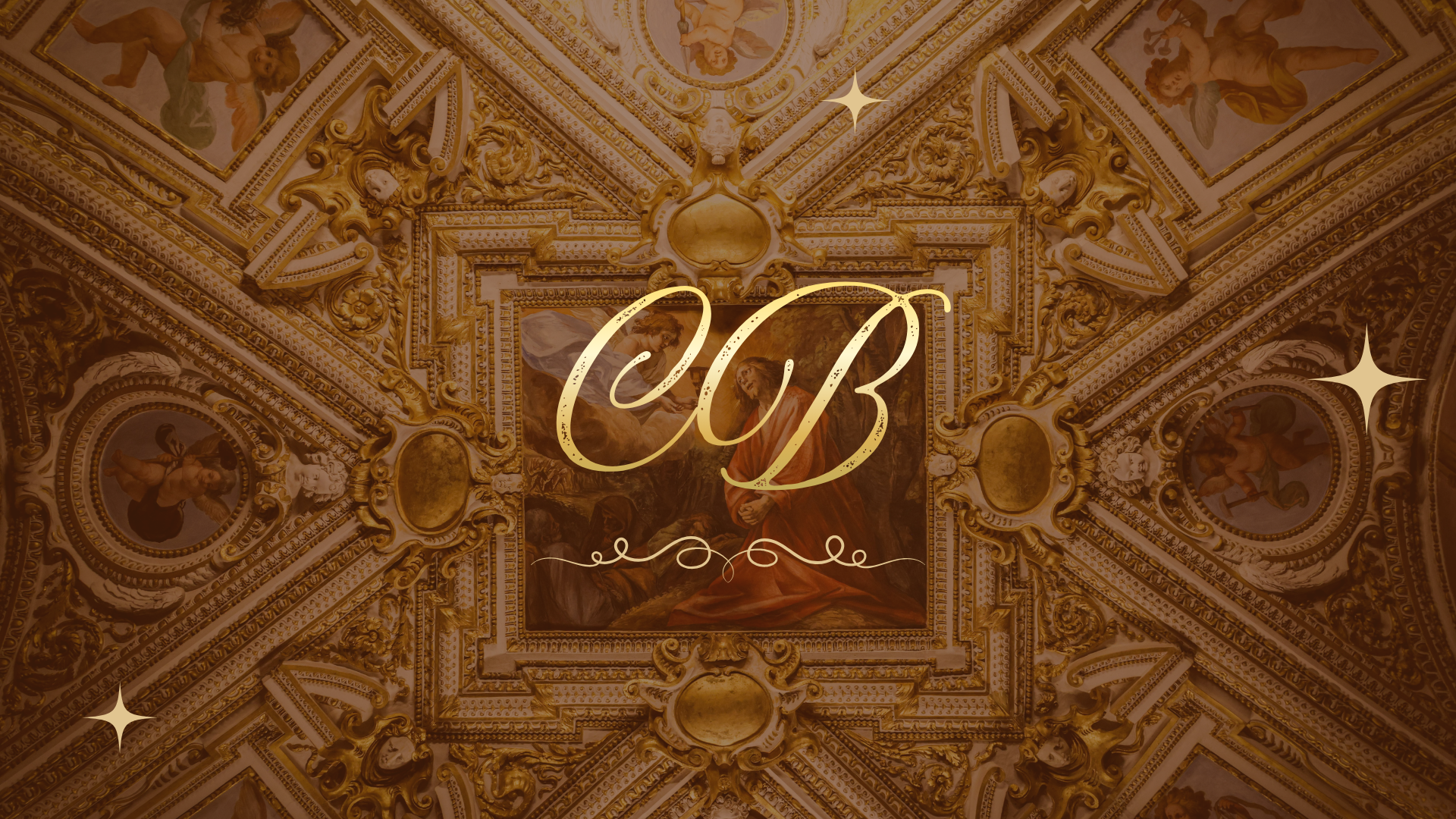 Golden Architecture with Renaissance aged paintings. Gold initials 'C B' with gold swirl underline and gold stars.